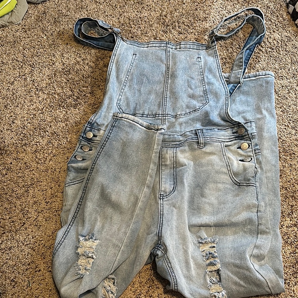 Denim Overalls with Distressed Details
